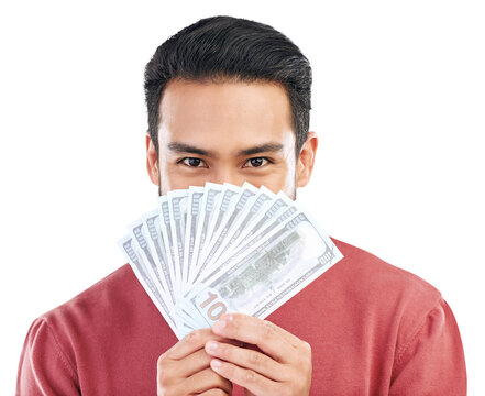 Portrait, money and man with cashback, reward or bonus earnings on isolated, transparent or png background. Cash, savings and male winner with financial freedom, lottery or bet, gamble or bingo prize