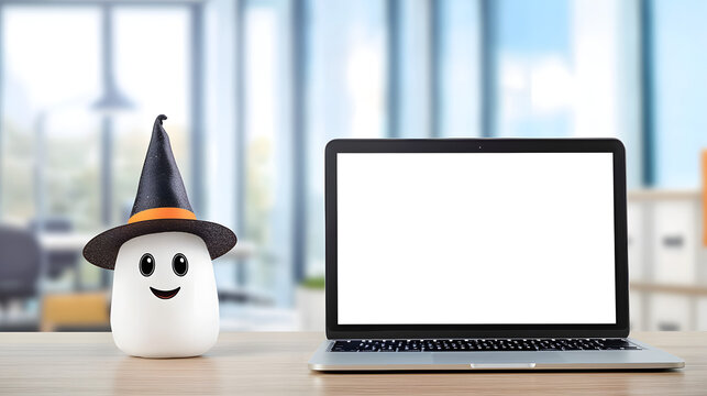 Laptop mockup with a blank white display positioned beside a ghost wearing a witch hat on an office desk in a modern business center, Halloween workplace branding concept