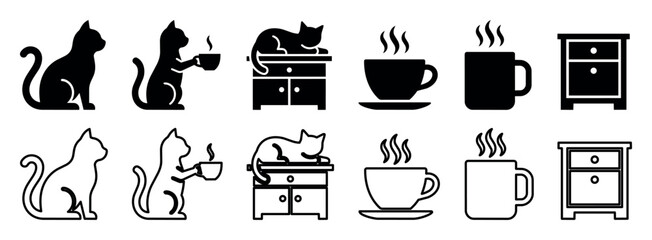 Plakat Cat and coffee cup vector icons and small furniture silhouettes, set of animal pets with warm beverages and minimalist nightstand illustrations for home and cozy lifestyle concepts