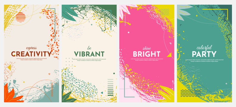 Vector illustration. Bright fresh vertical background. Paint brush strokes and hand drawn doodle elements. Trendy abstract color design for flyer, leaflet, coupon, voucher. Colorful summer style