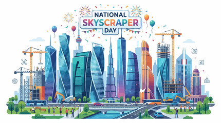 Fototapeta premium National Skyscraper Day celebration with a colorful illustration of a modern city skyline featuring various skyscrapers under construction and some already completed, accompanied by balloons.