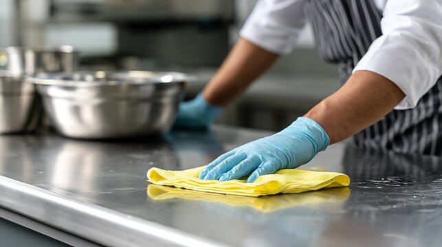 Professional chef cleaning commercial kitchen stainless steel counter with yellow cloth.