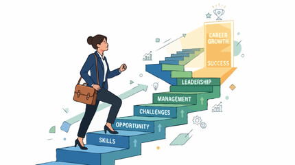 Obraz premium A woman in business attire ascending a staircase symbolizing career progression. The steps are labeled with terms like Skills, Opportunity, Challenges, Management, Leadership, and Success.
