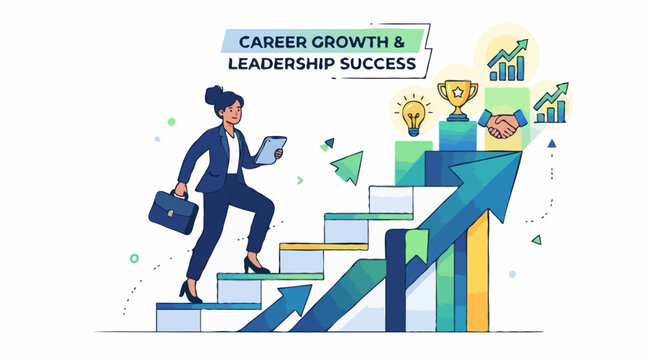 A businesswoman climbing stairs representing career growth and leadership success, with symbols of achievement and progress