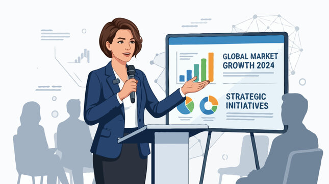 A confident businesswoman presenting a global market growth strategy to an audience. The presentation includes charts and a pie graph highlighting strategic initiatives.