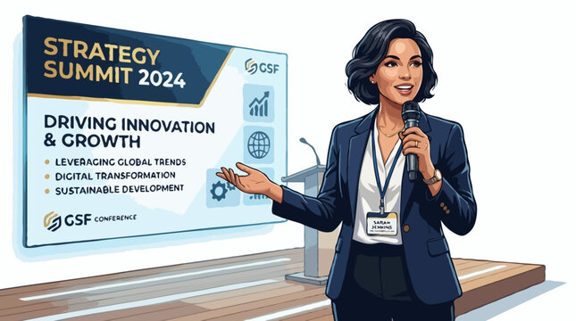 A woman presenting at a strategy summit, speaking into a microphone with a presentation slide behind her.