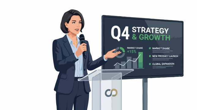 A confident businesswoman presenting a financial report on a large screen. The screen displays charts and text indicating Q4 STRATEGY & GROWTH