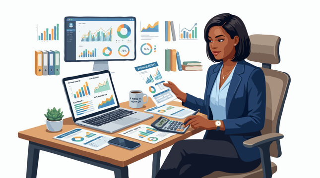 A professional businesswoman diligently working at her desk, surrounded by charts and graphs. She is analyzing documents while using a calculator.