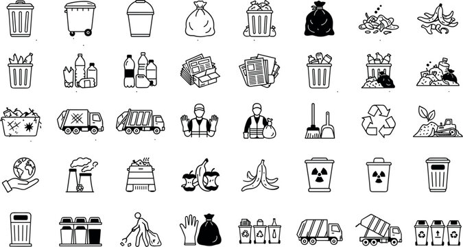 Waste management garbage disposal recycling and sanitation line art iconsWaste management garbage disposal recycling and sanitation line art icons