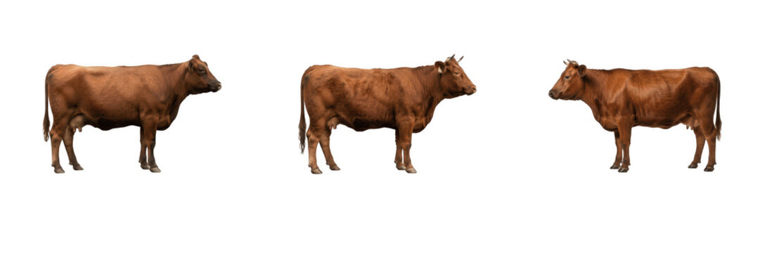 Set of brown dairy cows and beef cattle standing in profile isolated on transparent background, farm animal photos and agricultural livestock graphics, beautiful brown cow vector illustration design c