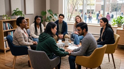 Obraz premium A diverse group engaging in a supportive discussion, fostering connection and understanding in a calm environment.