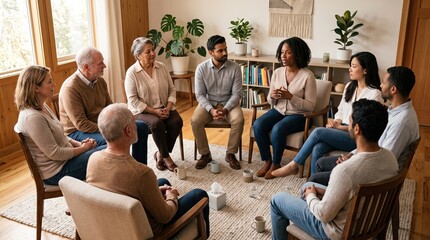 Obraz premium A diverse group of people engaged in a meaningful discussion in a cozy, inviting setting.