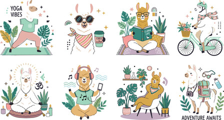Fototapeta premium Cute llama and alpaca cartoon character vector set featuring lifestyle activities like yoga reading cycling and listening to music for commercial marketing templates