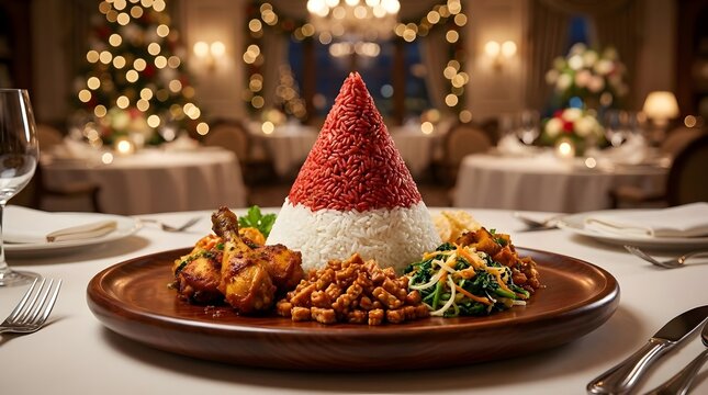 Elegant tumpeng rice dish in restaurant interior.