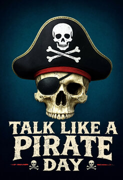 Funny pirate skull with hat and eyepatch for talk like a pirate day celebration poster