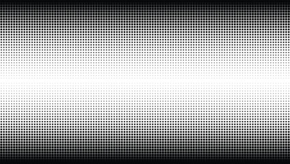 Horizontal halftone gradient pattern with square dots fading from black to white on a clean white background, surface area © akter