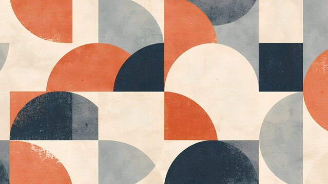 Abstract mid century geometric pattern with distressed texture in burnt orange, dark blue and cream