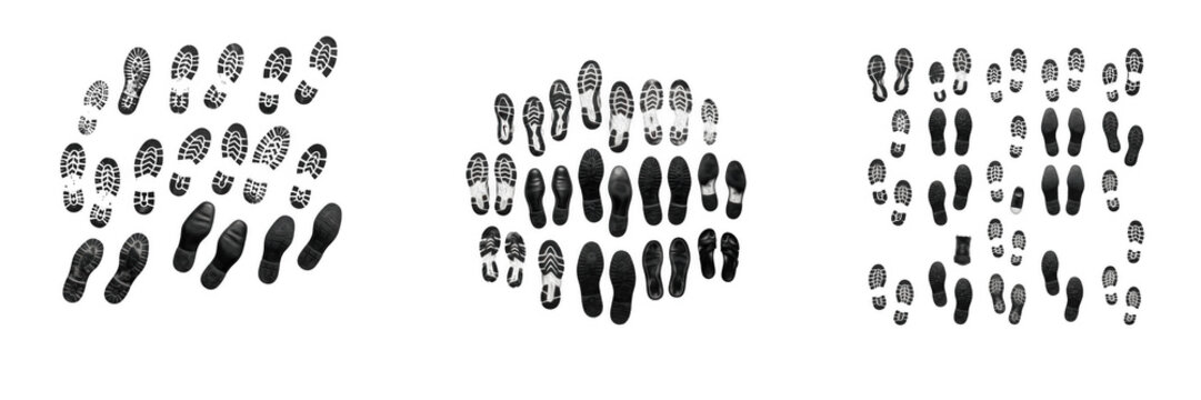 Set of shoe print patterns and footprint tracks on transparent background, isolated black boot sole impressions, walking steps trail collection, human feet path graphics for design vector illustration