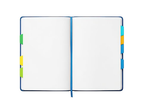 Open notebook with colorful page markers isolated on white background isolated on transparent background