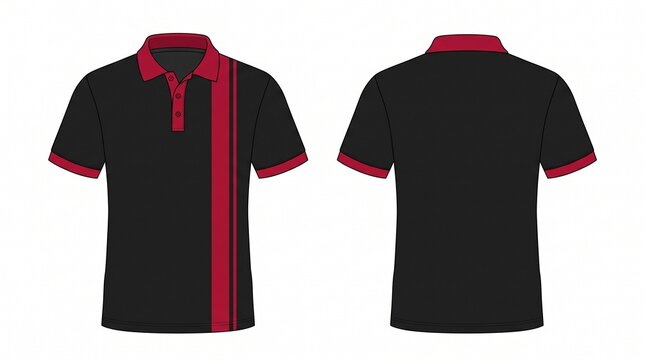 Black Polo Shirt Template with Maroon Accents Front and Back Vector Flat Sketch