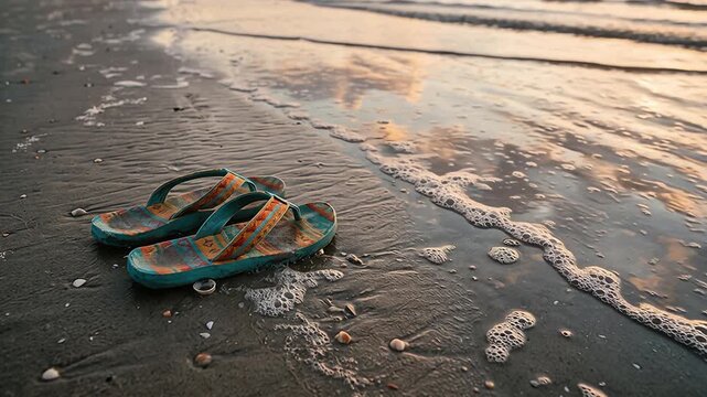Colorful Flip Flops on Beach Sand Near Ocean Tide