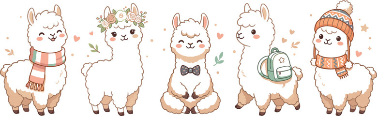 Cute llama and alpaca cartoon character vector set featuring cozy outfits scarf backpack flower crown and beanie for kids commercial print marketing graphics © NaomiRani