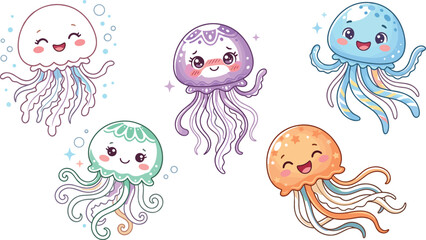 Cute jellyfish cartoon character vector set featuring happy marine animals with bubbles for children educational books and nursery room commercial decoration © NaomiRani