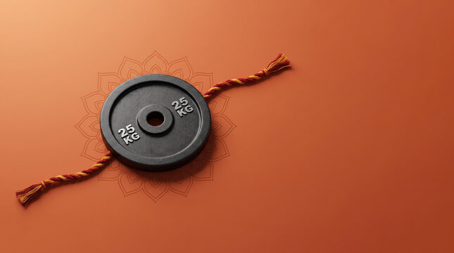 A 25 kg Olympic weight plate with braided silk threads and lotus mandala pattern as Rakhi emblem for Raksha Bandhan fitness theme