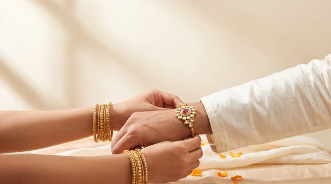 A sister wearing gold bangles tying ornate gold Kundan Rakhi on brother in silk Kurta with marigold petals for Raksha Bandhan celebration