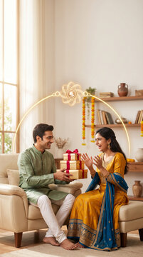 A brother in sage green Kurta handing gold gift boxes to sister in traditional attire for Raksha Bandhan celebration