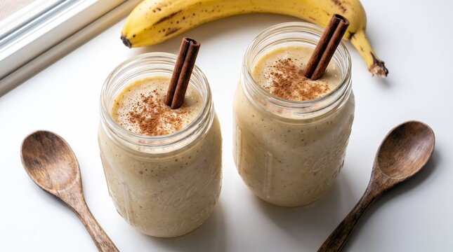 Two banana smoothies in mason jars topped with cinnamon sticks and bananas