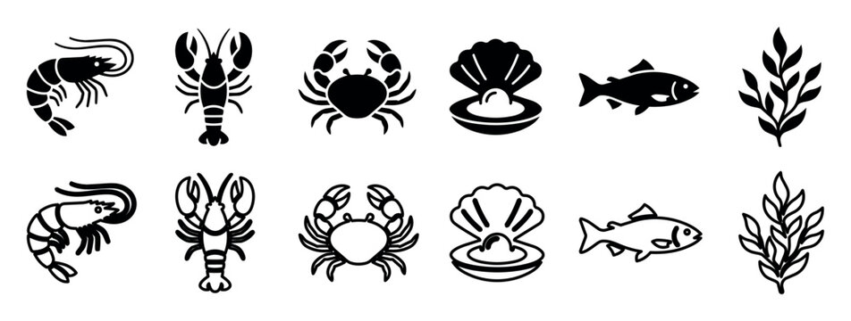 Seafood and marine life vector icon set featuring shrimp, lobster, crab, scallop shell, fish, and seaweed illustrations in simple black silhouette style