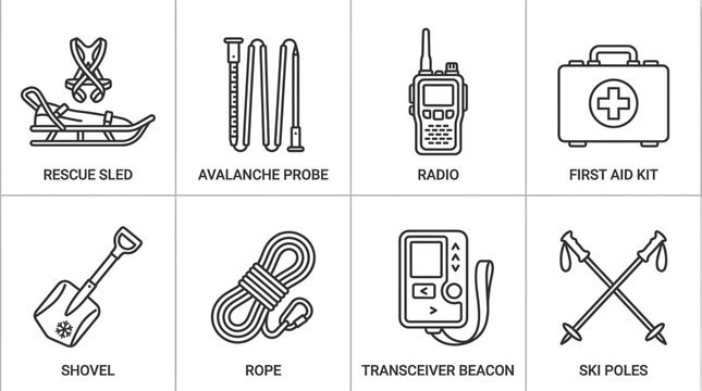 Mountain rescue equipment outline icons essential winter safety gear for emergency