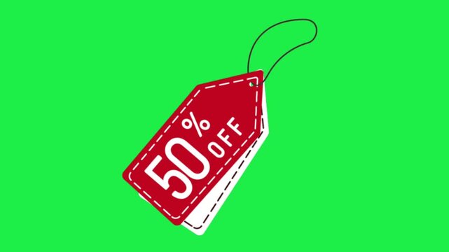 red 50 percent off discount price tag icon vector illustration on green screen background for chroma key video editing