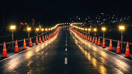 Fototapeta premium A reflective road at night lined with traffic cones and illuminated by long rows of bright lights.