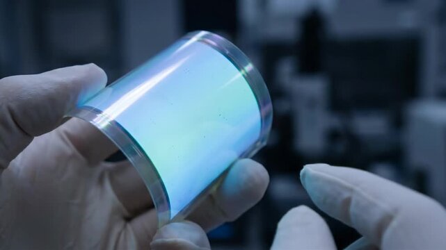 Nano film technology on curved glass in gloved hand, laboratory blue light, thin flexible film for modern science and transparent surface