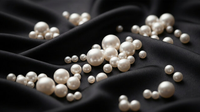 Luminous white pearls scattered across luxurious black silk fabric, creating an elegant and opulent display of natural beauty and sophistication