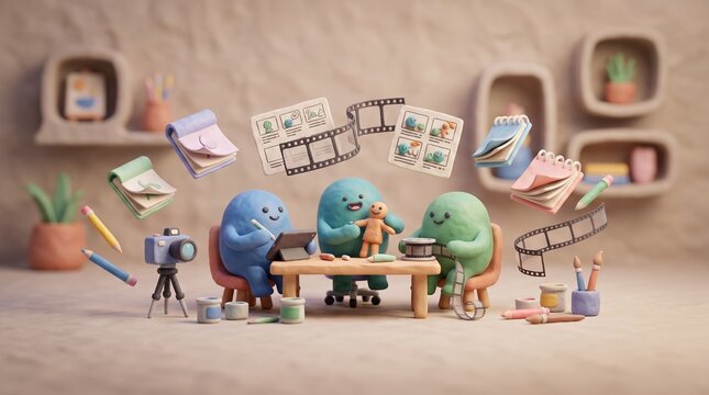 Playful characters collaboratively crafting a stop-motion narrative, surrounded by artistic tools, symbolizing teamwork and creative exploration in a charming studio setting