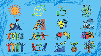 Naklejka premium Hand drawn business growth and teamwork doodle icons