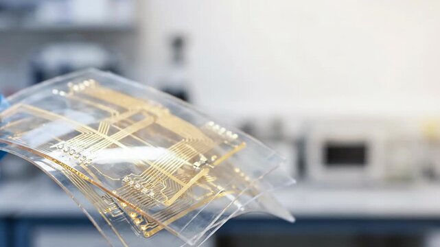 Nano film technology flexible gold circuit sheet pattern in laboratory setting for electronics testing and transparent circuit applications