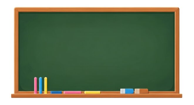 Empty green chalkboard with colorful chalk and eraser on wooden frame