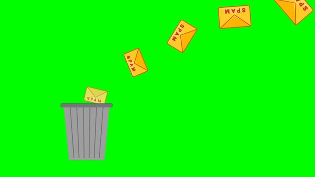 Animated spam emails falling into trash can, digital communication concept