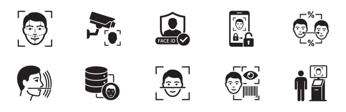 Facial recognition icon set. Face ID scan, CCTV security camera, shield protection, smartphone unlock, voice identification, biometric database, barcode and terminal. Vector illustration.