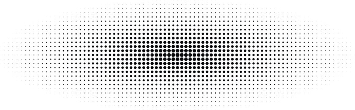 Horizontal oval shape composed of black halftone dots with a gradient density on a white background, for and texture patterns