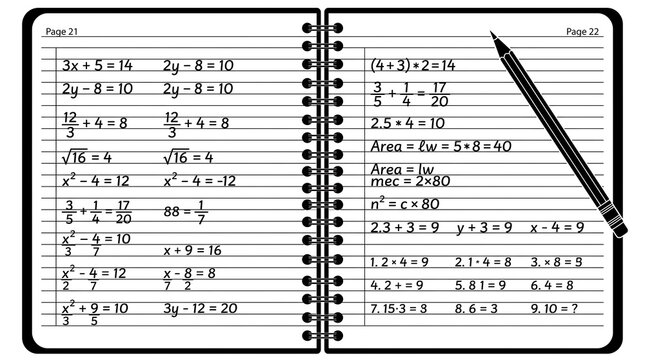 Notebook page with mathematical equations and a pencil, representing education and learning