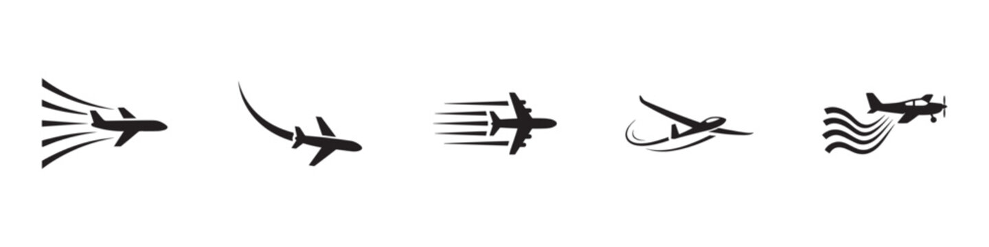 Airplane flight speed icon set. Aircraft flying, fast speed trails, glider soaring and propeller plane with smoke lines. Vector illustration.