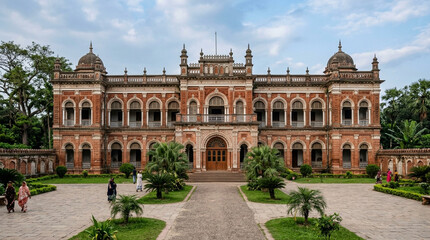Obraz premium Historic Architecture: Grand Brick Palace with Gardens & People