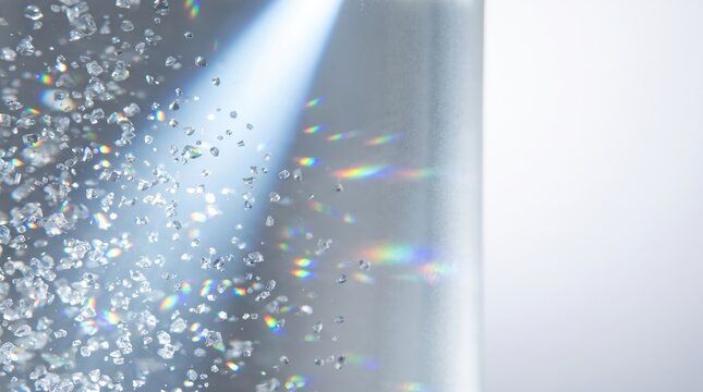 Crystalline nanoparticles in liquid. Microscopic view of chemical suspension and light.