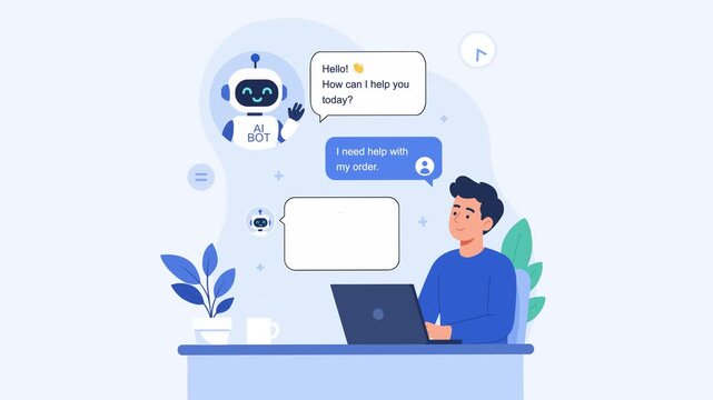 Flat Animation of a man using a laptop to interact with an AI customer support chatbot via chat bubbles.