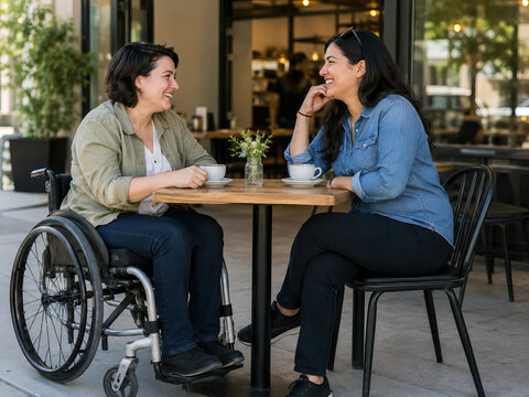 Two women, one of whom is in a wheelchair, are enjoying a relaxed conversation at an outdoor caf&eacute;, sharing a cup of coffee and creating a moment of connection.